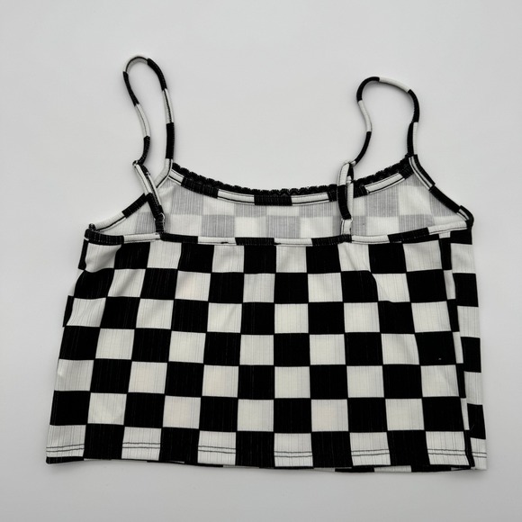 Forever 21 Women Black White Checkerboard Ribbed Lace Trim Cami Crop Top Large - Picture 3 of 4